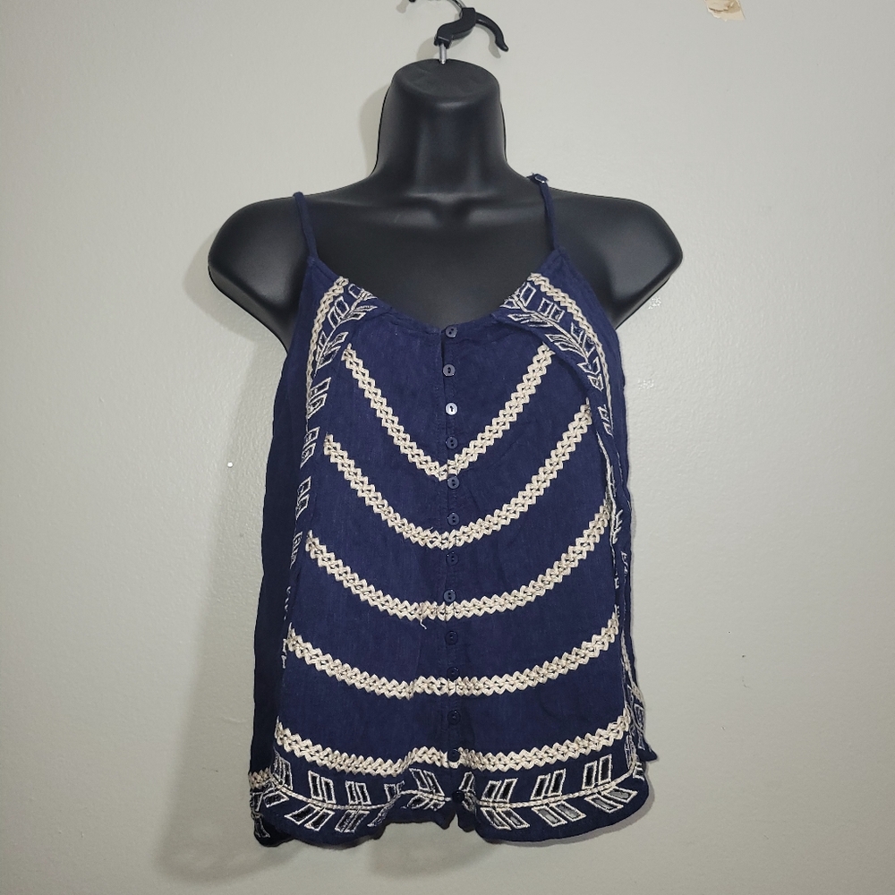 ☀️ Miss Me Navy Blue Sleeveless Top with Geometric Embroidery Size M